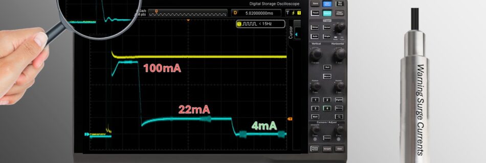 Oscilloscope showing 4-20mA sensor surge currents.