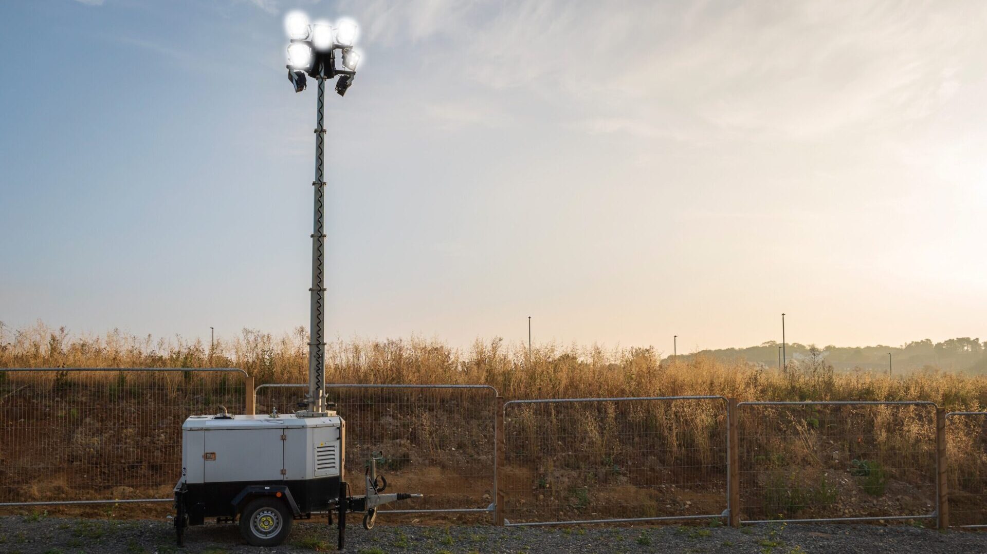 Lighting tower with lights on